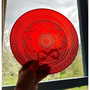 Vtg Luminarc Cristal d'Arques Durand Ruby Cut Glass Shallow Serving Bowl